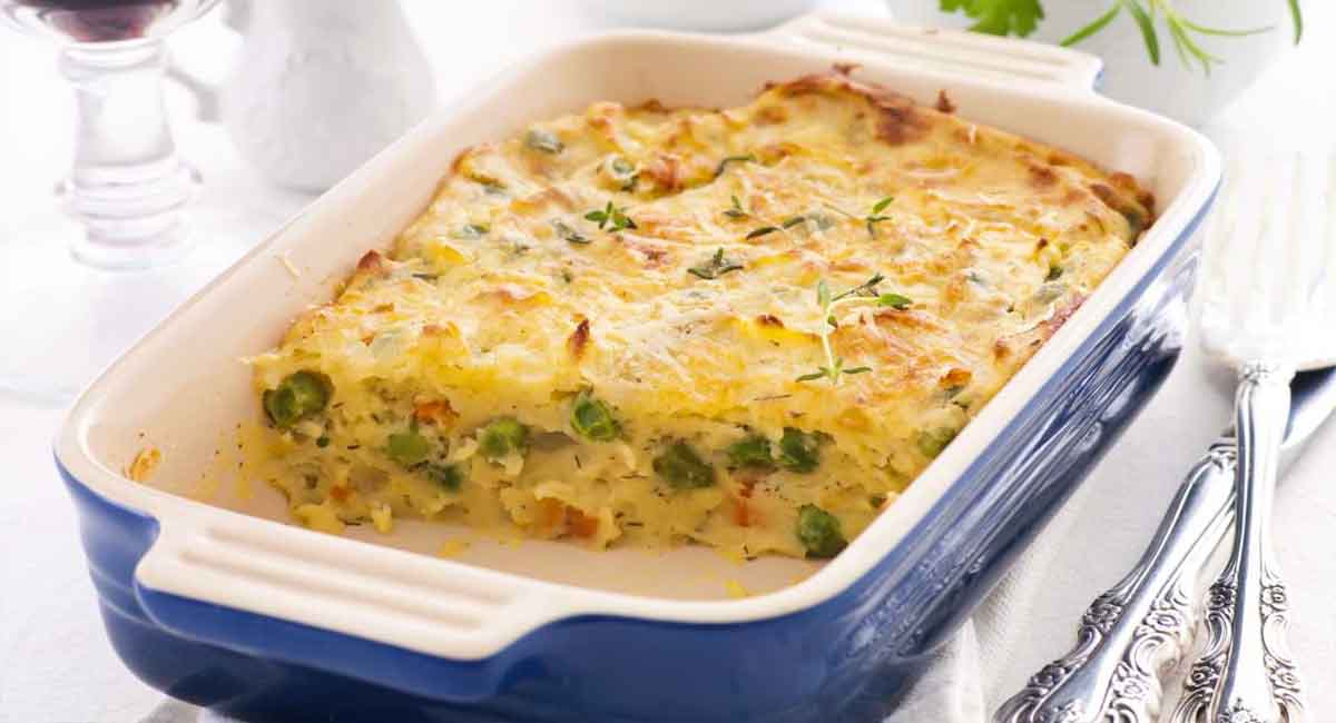 Gratin de pommes de terre petits pois et lardons