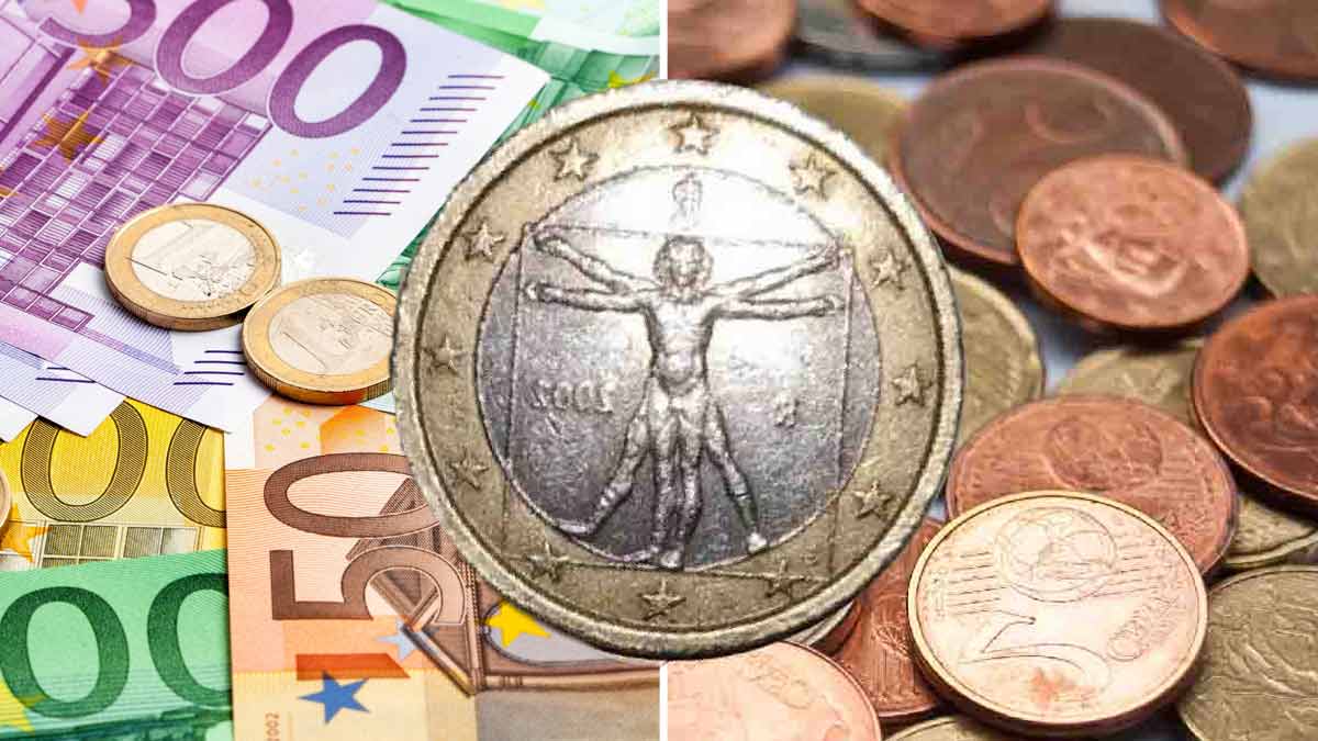 La pièce de 1 euro très rare on y trouve l’homme de Vitruve sur une face